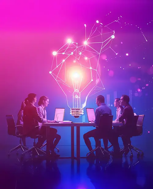 Team collaborating on laptops with glowing lightbulb and digital innovation network